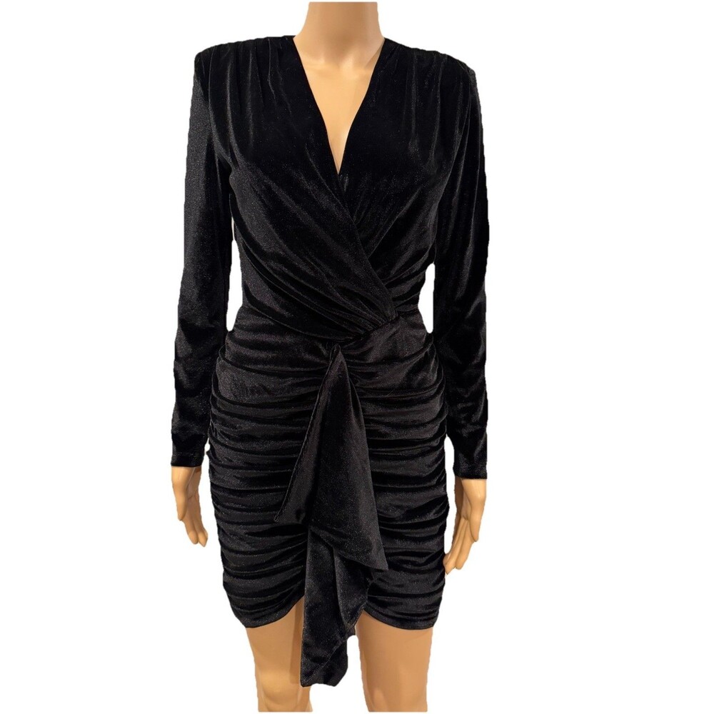Alexia Admor Black Velvet Ruched Dress Long Sleeve Cocktail Mini Size XSmall